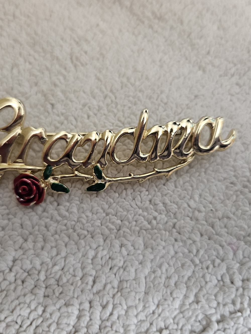 Vintage MCM 'Grandma' Gold Script Name Brooch with Red Rose